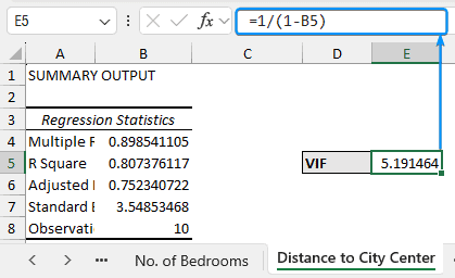 Calculating variance inflation factor in excel from the R square value