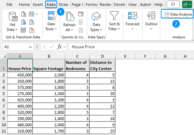 Data Analysis ToolPak in the Data tab