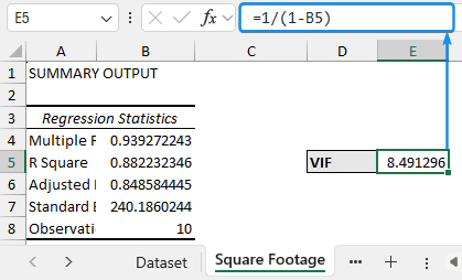 Calculating variance inflation factor in excel