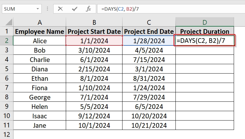 Using the DAYS Function and Division to Calculate Weeks Between Two Dates