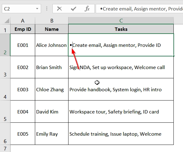 Applying Bullet Symbol (Alt+7) to Insert Multiple Bullet Points in Excel Cell