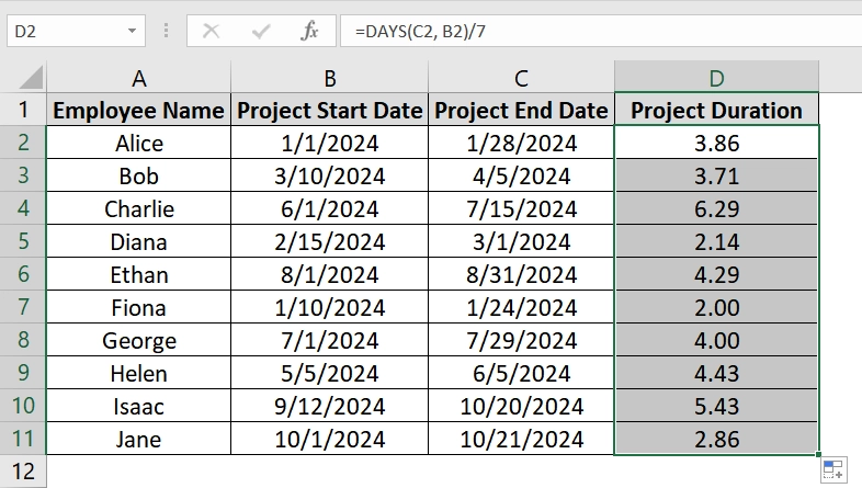 Using the DAYS Function and Division to Calculate Weeks Between Two Dates