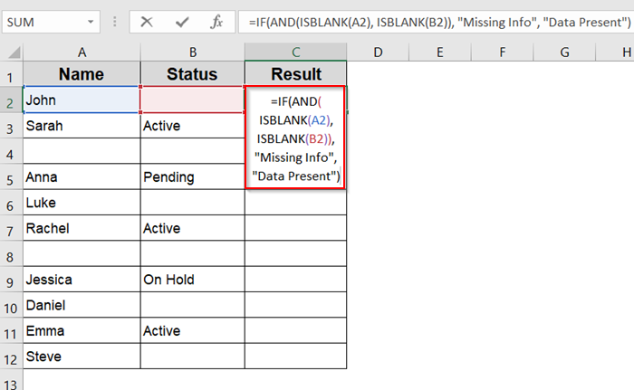 Insert AND with ISBLANK Function to Check if Multiple Cells Are Blank