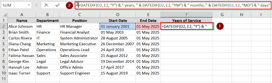 Application of the DATEDIF Function to Calculate Years, Months, and Days