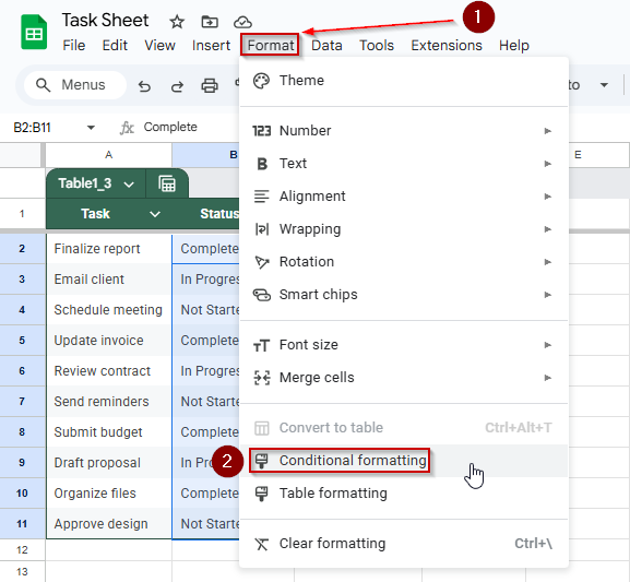 Apply Conditional Formatting to Status Cells When Tasks Include a Specific Word in Google Sheets