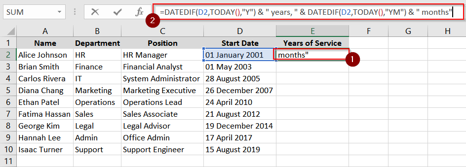 Using the DATEDIF Function to Calculate Service Duration Until Today's Date