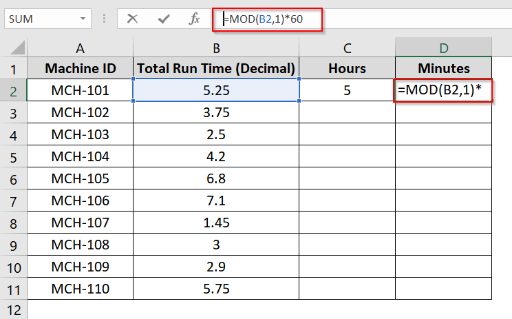 Separate Hours and Minutes Using INT and MOD Functions