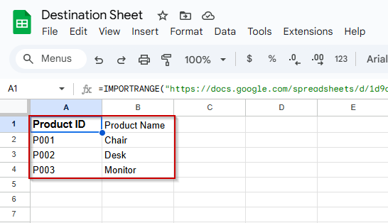 Example of a Working IMPORTRANGE Formula