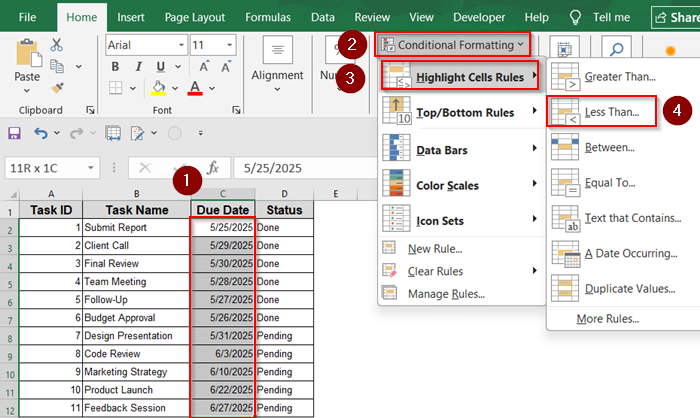 Apply Conditional Formatting with “Less Than” Rule
