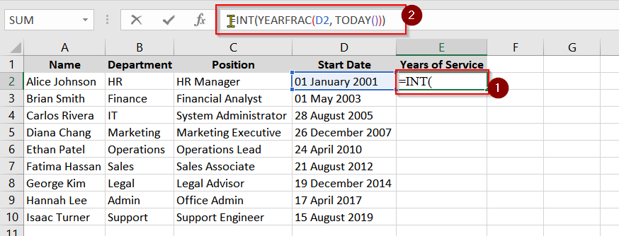 Dealing With the YEARFRAC Function to Calculate Service Duration Until Today's Date