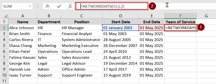 Applying NETWORKDAYS for Workday-Based Service Calculation