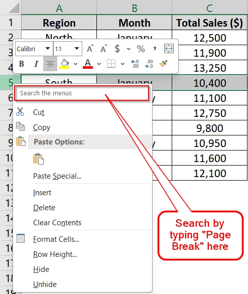 Using Context Menu to Insert Multiple Page Break in Excel