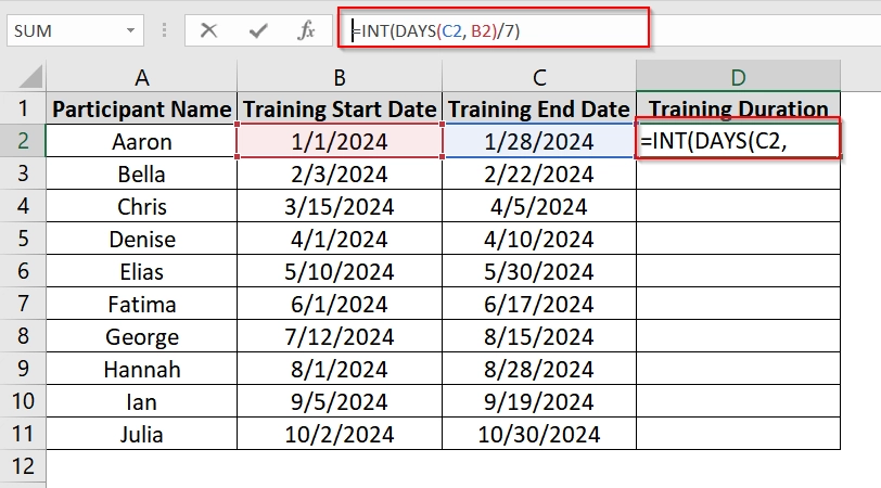 Applying INT and DAYS Function To Calculate Full Weeks Between Two Dates