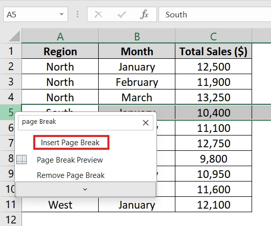 Using Context Menu to Insert Multiple Page Break in Excel