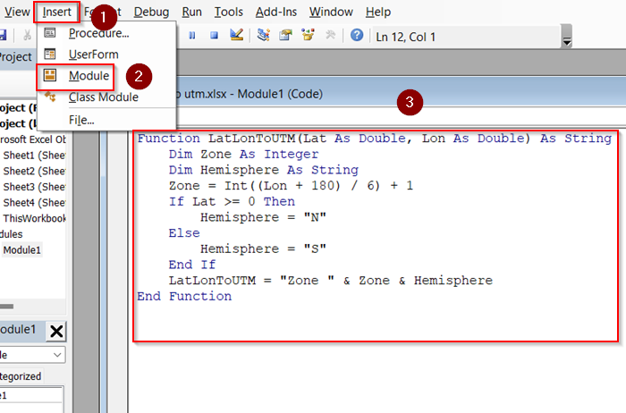 Use VBA Code to Convert Lat Long to UTM in Excel 