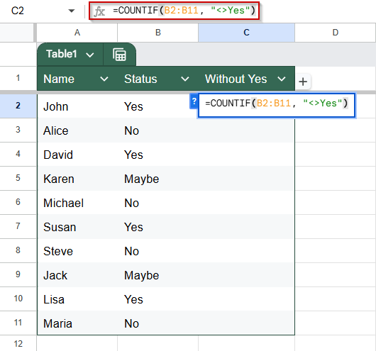 Count Cells Not Equal to Specific Text