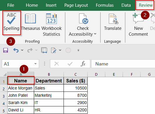 Use the Spell Check Shortcut (F7) on Active Sheet
