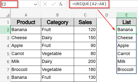 List Unique Product Names Using UNIQUE Function