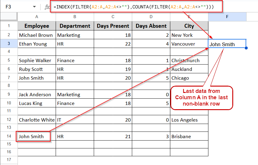 Using INDEX with FILTER to Get Last Value in Column