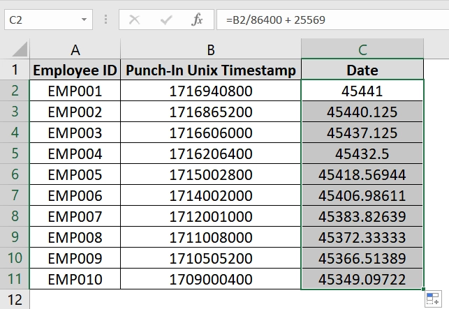 Adding 25569 Base Date to Convert Timestamp To Date