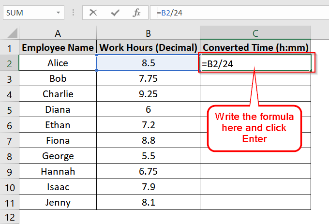 Divide by 24 and Format Cell as Time [h]:mm