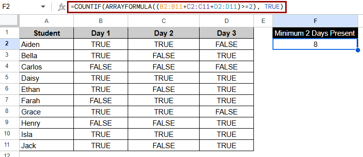 Using ARRAYFORMULA with IF to Count Conditional TRUEs