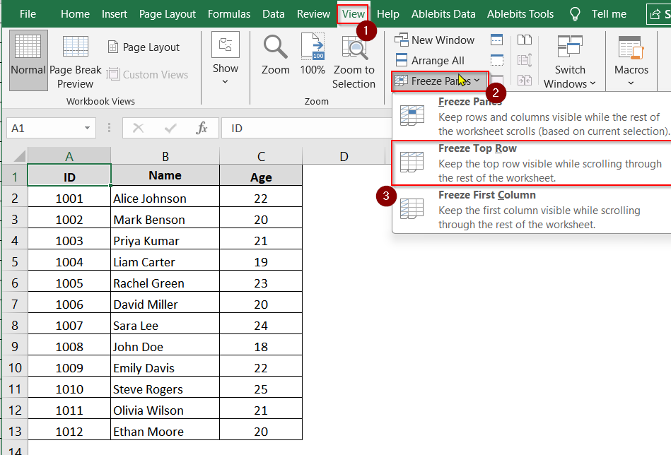 Applying Freeze Panes Feature To Make First Row as Header