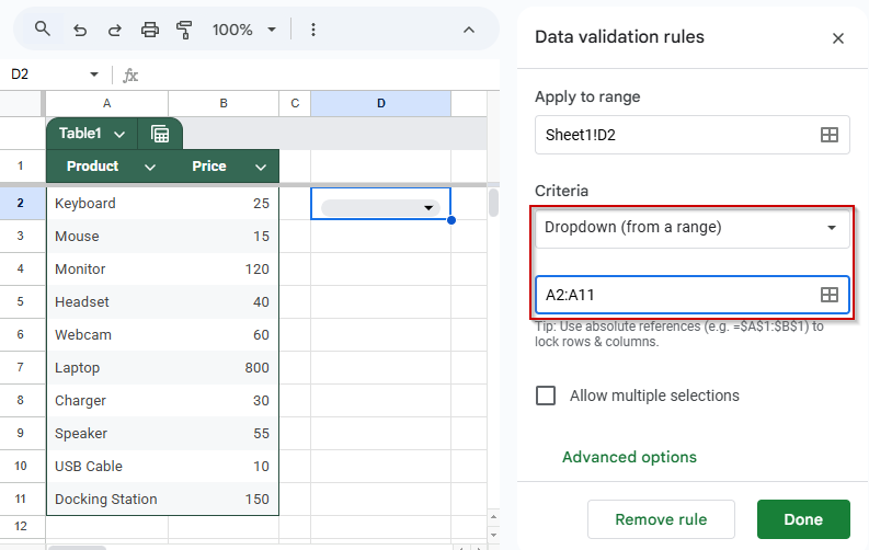 Create a Drop-Down List and Use VLOOKUP