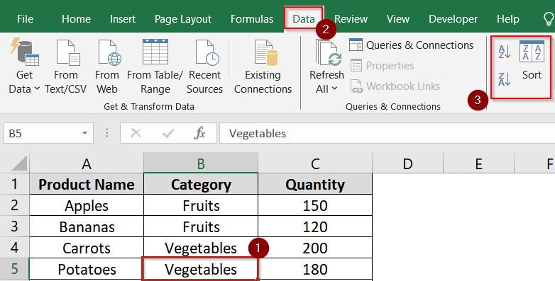 Using Built-in "Sort" Button on Data Tab