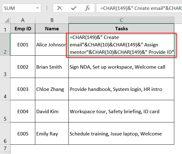 Implementing CHAR(149) with Line Breaks to Insert Multiple Bullet Points in Excel Cell