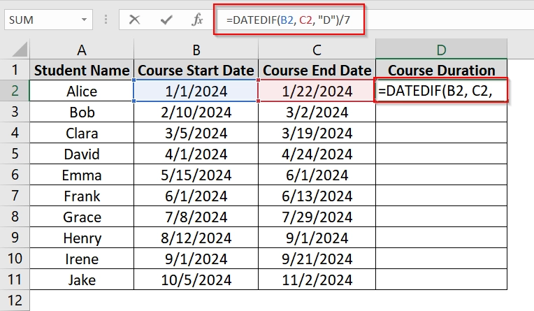 Implementing DATEDIF Function To Calculate Weeks Between Two Dates