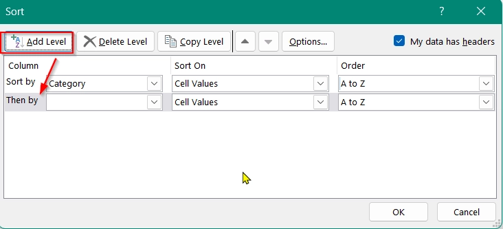 Using Built-in "Sort" Button on Data Tab