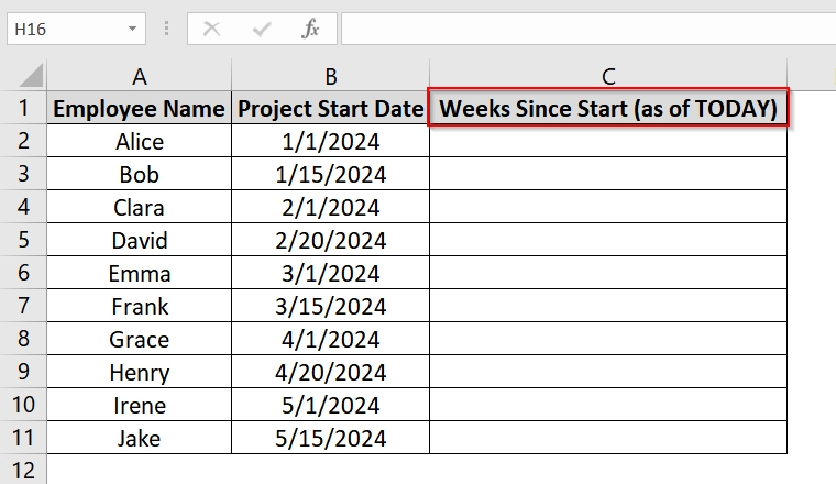 Use the TODAY Function To Calculate Weeks from Start Date to Today