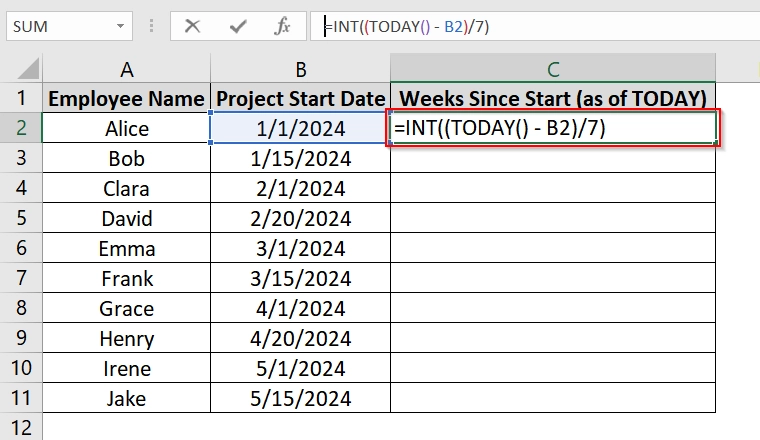 Use the TODAY Function To Calculate Weeks from Start Date to Today