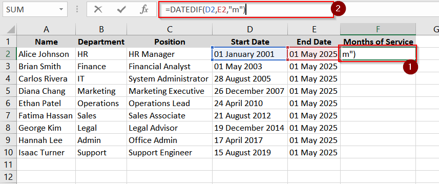 Applying the DATEDIF Function to Calculate the Total Number of Months