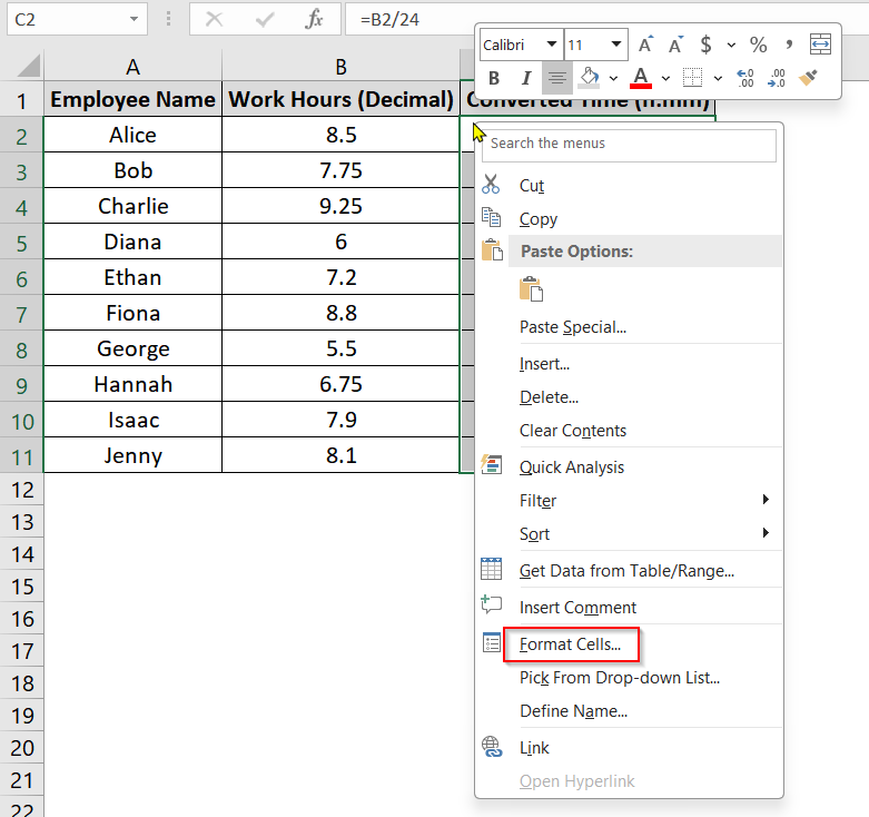 Divide by 24 and Format Cell as Time [h]:mm