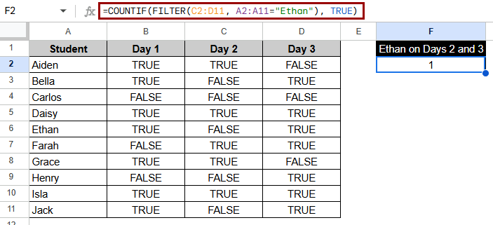 Using FILTER with COUNTIF to Count TRUE
