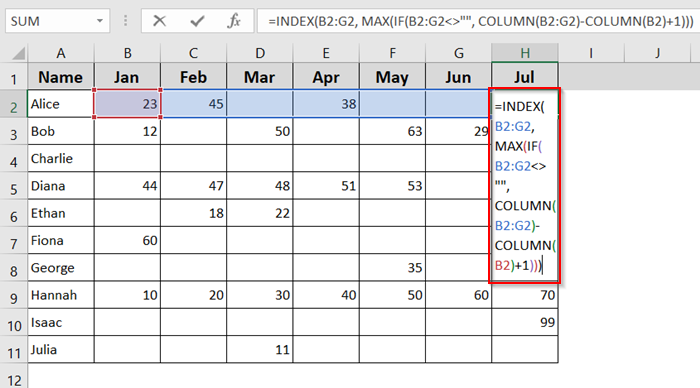 Use INDEX and MAX with COLUMN Function