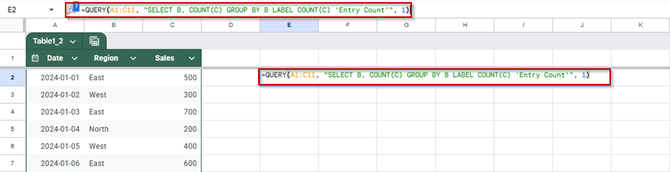 Count Sales Entries for Each Region Using QUERY and GROUP BY Functions in Google Sheets