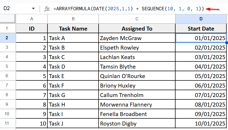 Use SEQUENCE Function Inside ARRAYFORMULA to Generate Dates Automatically