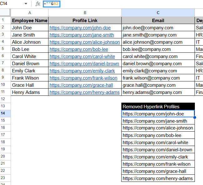 Using Formulas to Remove Hyperlinks in Google Sheets