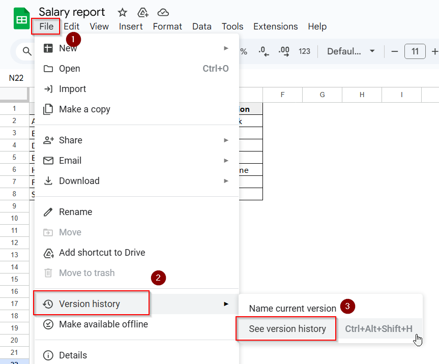 selecting file and version history
