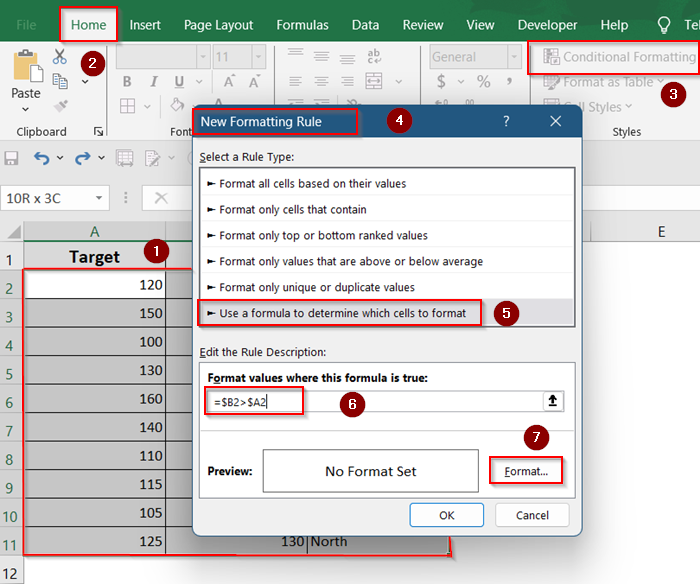 Highlight Entire Row If One Cell Is Greater Than Another