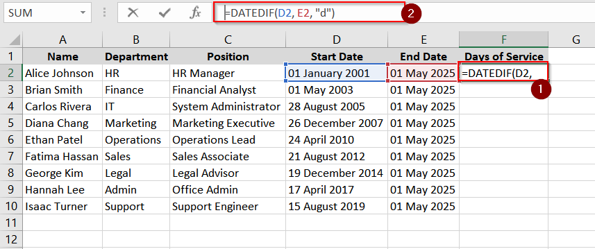 Use the DATEDIF Function to Calculate the Total Number of Days