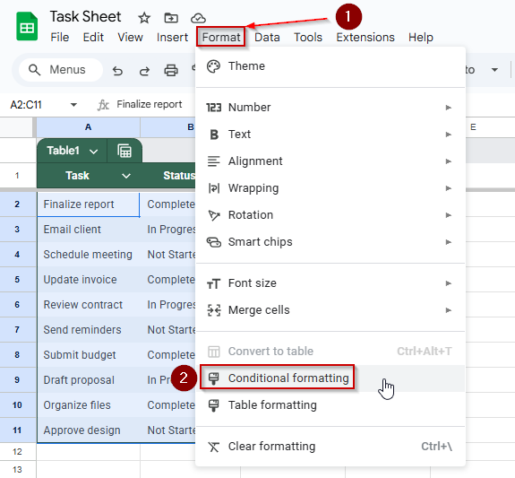 Highlight Entire Row Based on Text in a Specific Column in Google Sheets