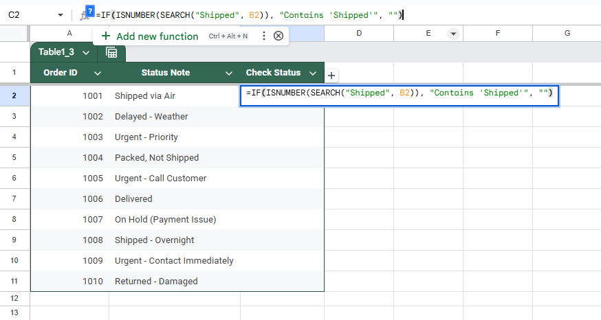 Label Rows That Contain Specific Partial Text in Google Sheets