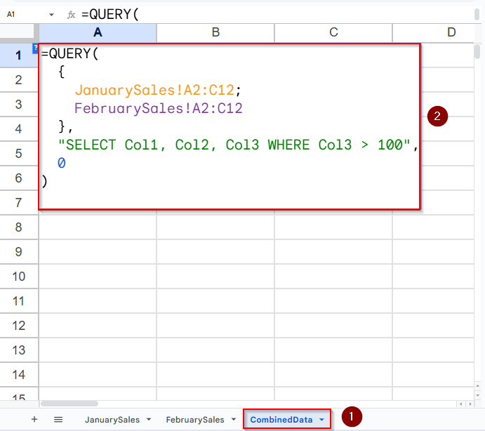 Use Array Syntax and QUERY Function to Combine and Filter Data from Multiple Tabs in the Same Google Sheet