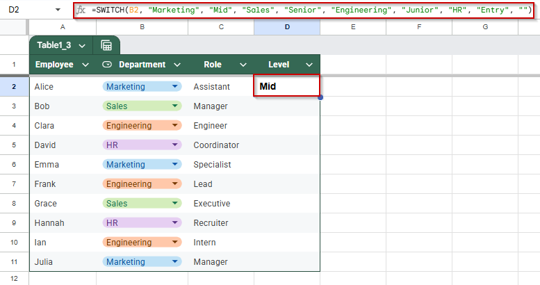 Using SWITCH Formula to Update Cell Values Based on Drop-Down Selection in Google Sheets