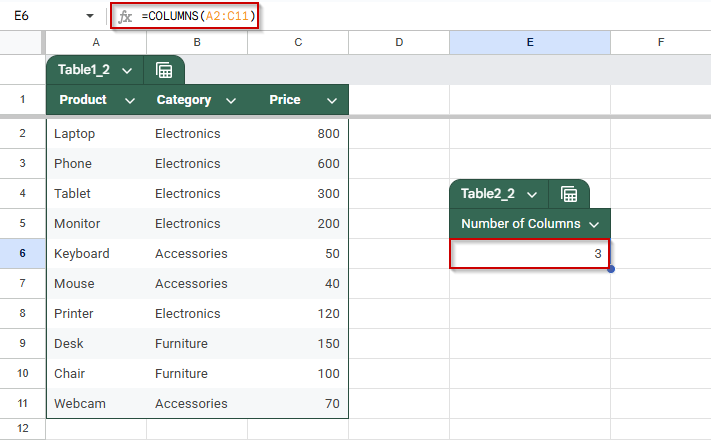 Use the COLUMNS Function to Set the Column Index