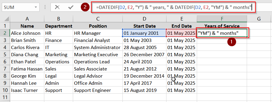 Let the DATEDIF Function to Calculate Years and Months